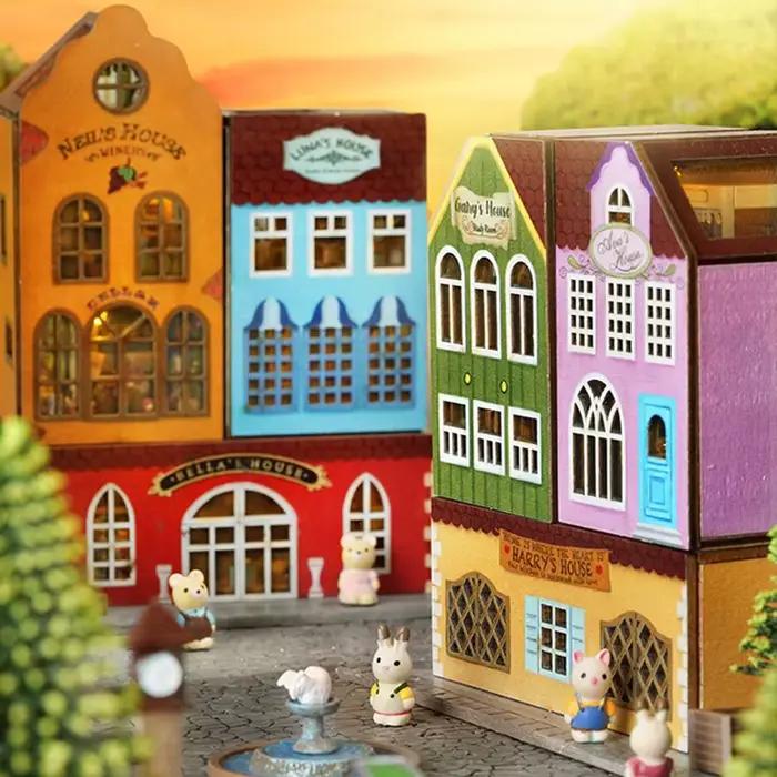 Série de maisons miniatures DIY – Blocs de construction en bois faits à la main avec portes magnétiques