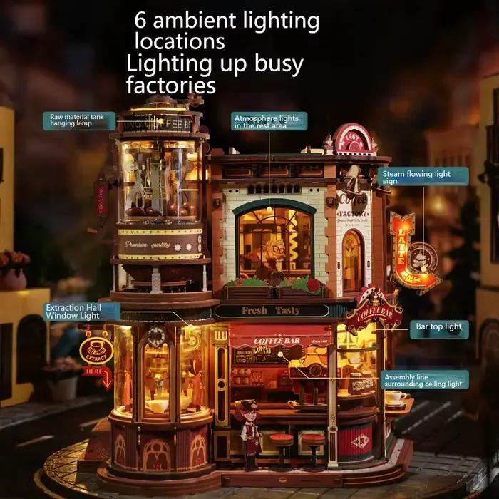 Puzzle en bois DIY Usine à café avec lumières et musique pour adultes, cadeau d'anniversaire, occasion spéciale, puzzle artisanal en bois, cadeau de collection, construction en bois, puzzle de construction, cadeau de Noël pour amateurs de café