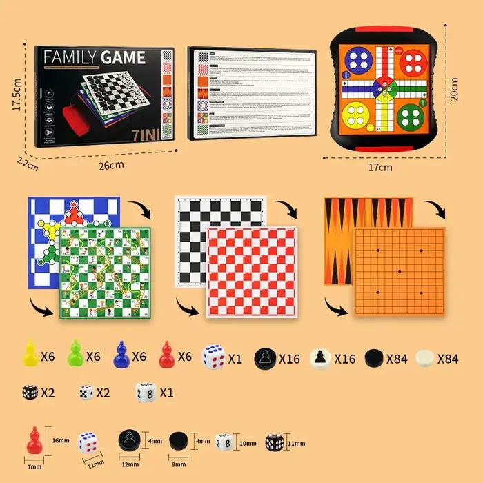 Ensemble de jeux de société 7-en-1 pour familles, jeux classiques, rangement facile, occasions familiales, cadeaux de naissance et Noël