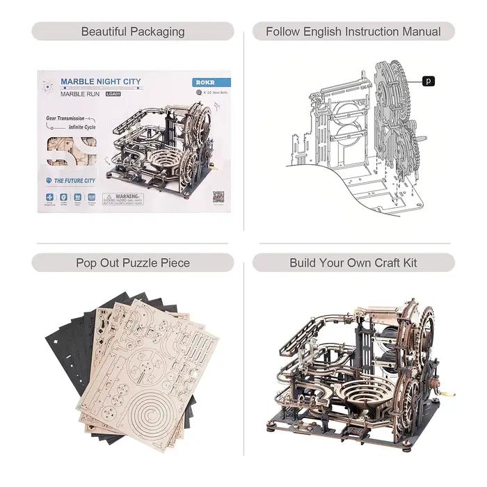 ROKR Marble Night City 3D Puzzle en bois à assembler, modèle de moulin à eau, jouets pour adultes, cadeau d'anniversaire