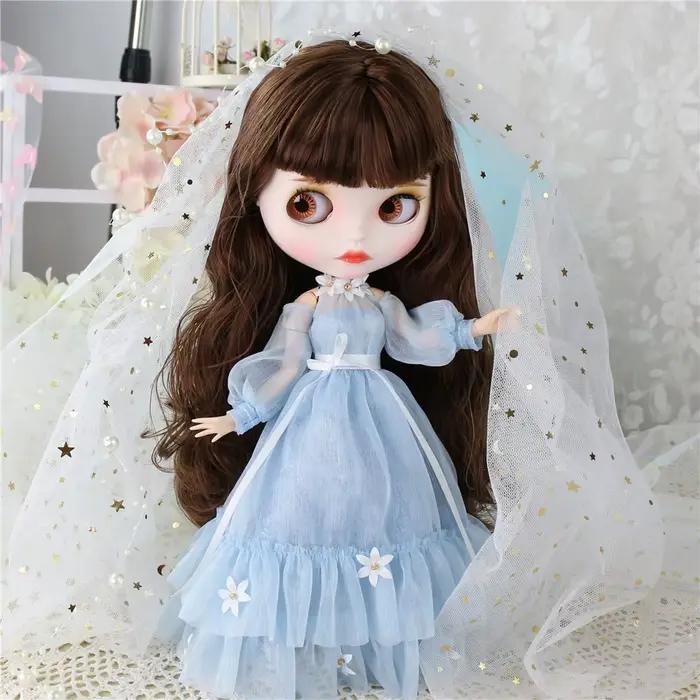 DBS – robe bleue en dentelle pour poupée Blyth, tenue ICY Licca, costume à fleurs, robe de mariée, v