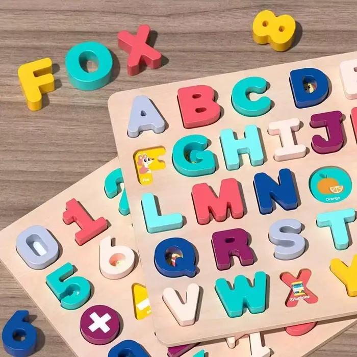 Puzzle en bois Montessori pour bébés de 2 à 4 ans, jouets ABC Alphabet et chiffres, jeu de société a