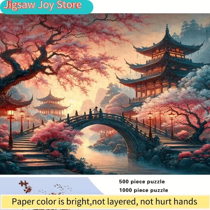 500/ Puzzle inspiré du Japon avec des fleurs de cerisier et des pagodes - Puzzle pour adultes de gra