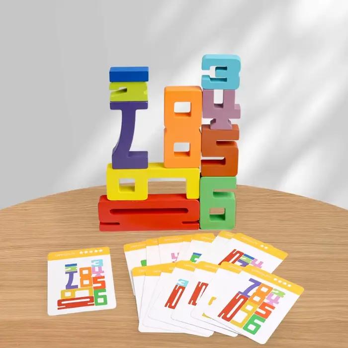 Blocs de construction colorés en bois, jeux d'empilage Montessori avec cartes, blocs à chiffres pour enfants de 3 à 12 ans occasions spéciales éveil et apprentissage