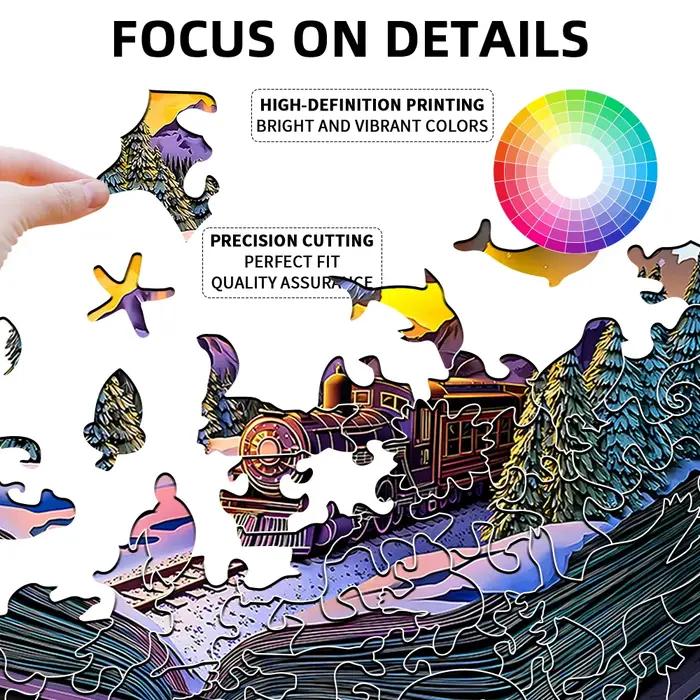 "Puzzle en bois pour train à vapeur | Pièces en forme d'animal • Jeu de cerveau stimulant avec l'art de paysage de