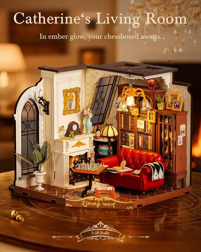 Kit de maison miniature DIY pour salon de Catherine en bois avec LED et meubles DG175 pour collectionneurs et créateurs occassions spéciales
