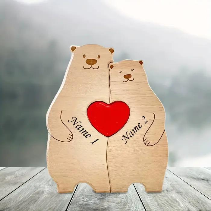 Puzzle ours familial personnalisé – Décor rustique en bois personnalisé de 2 à 6 noms, cadeau idéal