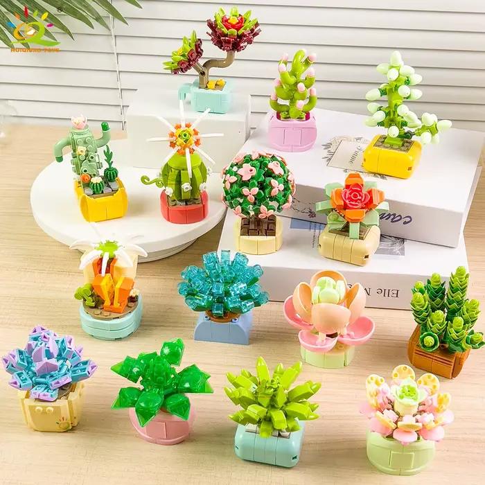 HUIQIBAO MOC fleur succulente en pot modèle bloc de construction bricolage Bouquet éternel maison bu