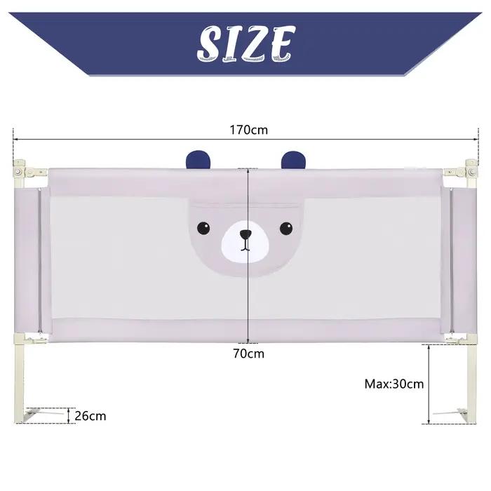 Barrière de Lit Bébé Réglable 30 Niveaux Cadre Métallique Anti-Chute Tissu Respirant Gris Clair Motif Mignon Sécurité Enfant Chambre Famille Occasions Spéciales