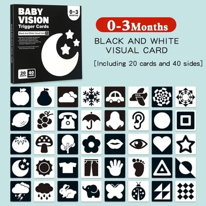 Cartes de Stimulation de Vision pour bébé Montessori de 0 à 12 mois, cartes contrastées noires et bl