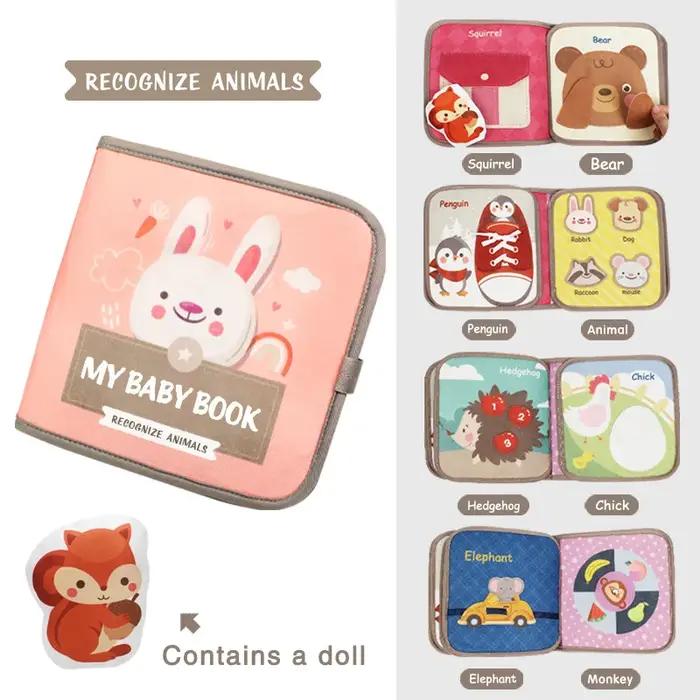 Livre d'éducation précoce en tissu tridimensionnel avec animaux, fruits et légumes pour enfants 3-6 ans, jouet sensoriel durable et interactif pour le développement intellectuel et moteur