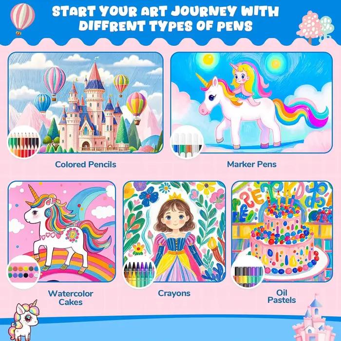 Kit de dessin licorne avec livre à colorier, crayons de couleur, crayons de cire et peintures pour enfants et filles occasions spéciales arts et artisanat