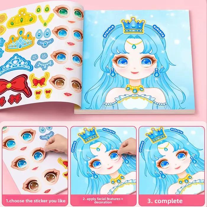 15 Pages Puzzle autocollants livre artisanat créatif enfants autocollants jouet réutilisable pour les filles dessin animé princesse faire un visage autocollants