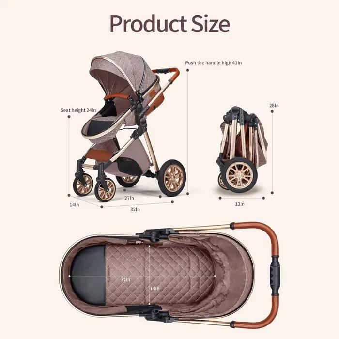 Landau de luxe 3 en 1, poussette pour bébé de paysage haut avec siège réversible