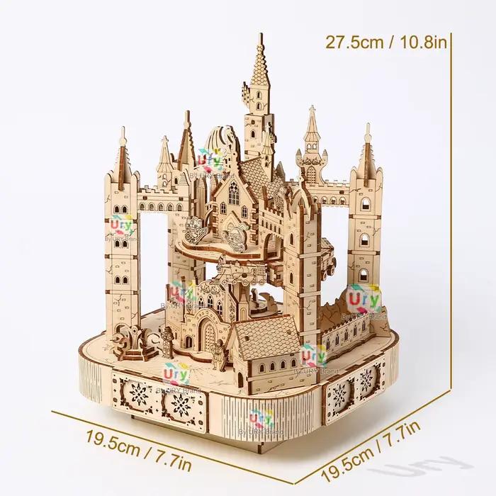 Ury Puzzle 3D en bois, boîte musicale octogonale, train rotatif, modèle de château, kit mécanique, décoration, jouet DIY, cadeau pour adulte