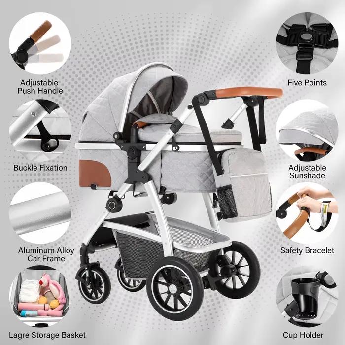 Poussette 3 en 1 pour bébé, haute position, poignée réglable, poussette de voyage avec moustiquaire,