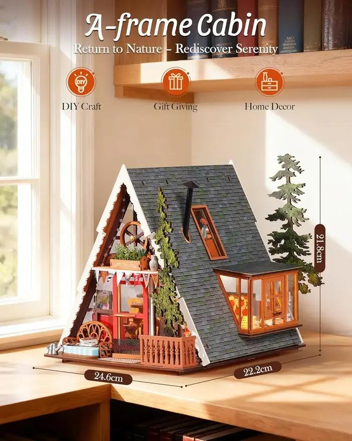 Kit de maison miniature Rolife DIY, cabane en forme de A, puzzle en bois 3D, petite maison avec lanterneau ouvrable pour adolescents et adultes