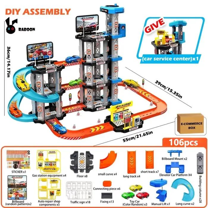 Ensemble de piste de garage avec ascenseur 4 niveaux, garage pour voitures jouets avec rails, rampe de course, mini voitures pour garçons et filles, cadeau occasion spéciale