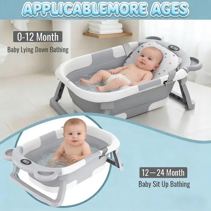 Baignoire pliable Zollor avec thermomètre intégré et coussin de suspension pour bébés de 0 à 36 mois bain couché bain debout sécurité confort usage quotidien voyages cadeau naissance