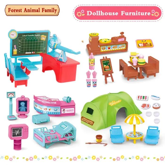 Enfants jouet 1:12 maison de poupée meubles Miniatures salle de classe hôpital Burgershop forêt Animal famille