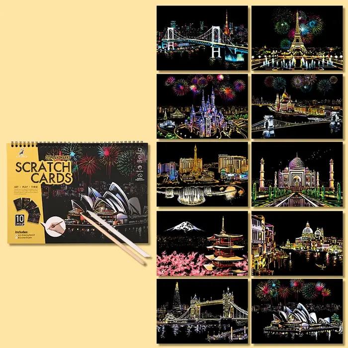 Livre de grattage magique avec stylet, motifs monuments mondiaux et paysages nocturnes, activité artistique relaxante et anti-stress, cadeau original pour adultes et enfants, occasion spéciale