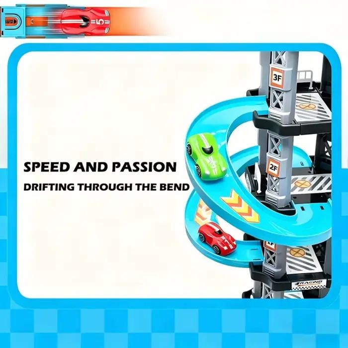 Ensemble de piste de garage avec ascenseur 4 niveaux, garage pour voitures jouets avec rails, rampe de course, mini voitures pour garçons et filles, cadeau occasion spéciale