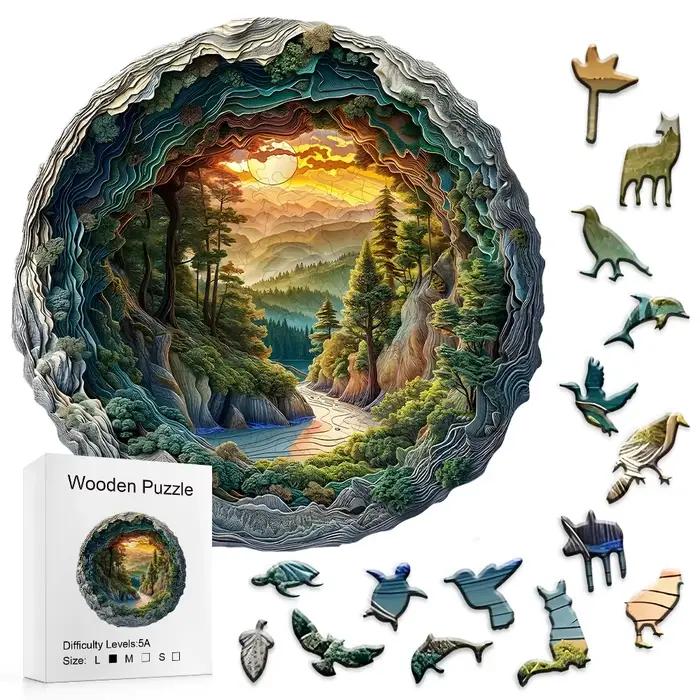 Puzzle en bois 3D design unique grotte de forêt animal cadeau anti stress bois compensé irrégulier pour adultes occasions spéciales