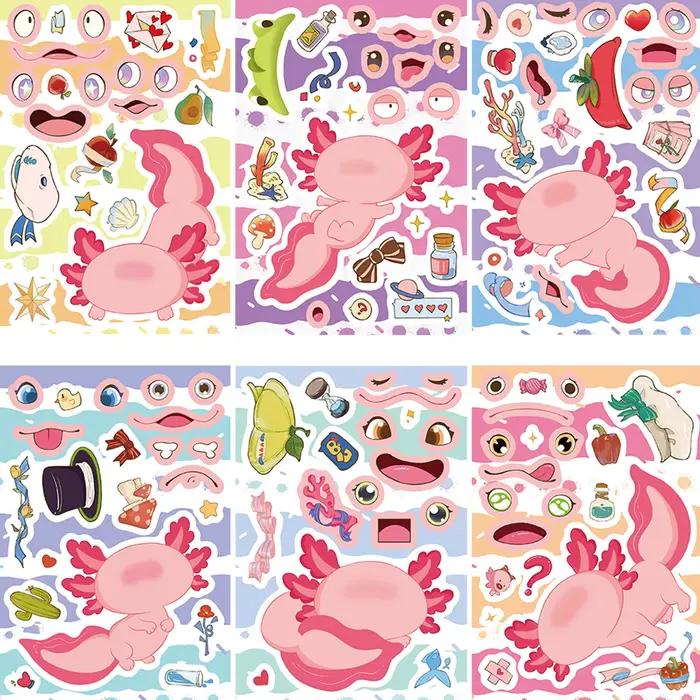 8/16/24 pièces Axolotl Puzzle autocollants faciles à poser pour fête d'anniversaire décor bagages vélo Scooter guitare Scrapbook bouteille d'eau décalcomanie