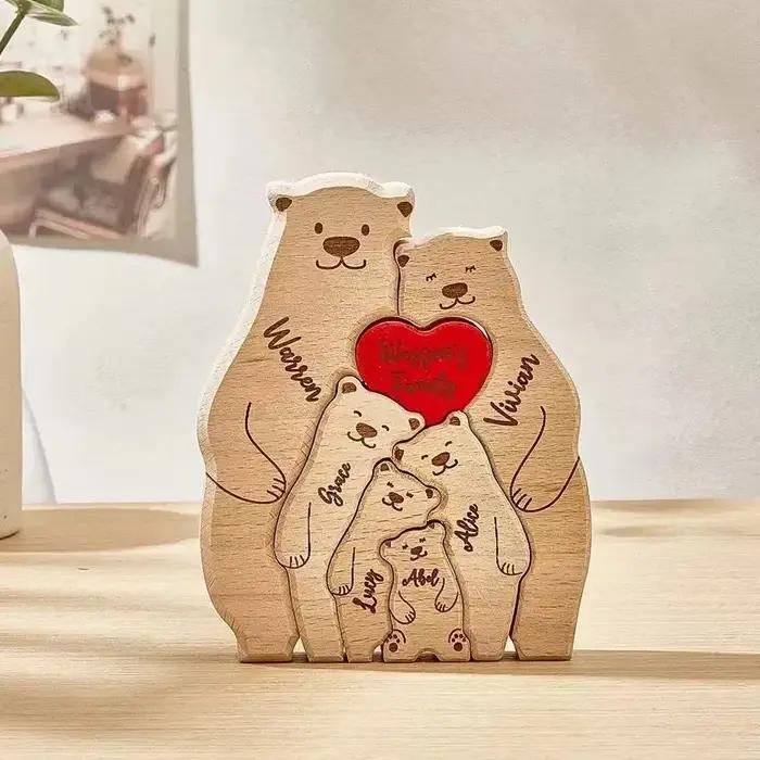 Puzzle ours familial personnalisé – Décor rustique en bois