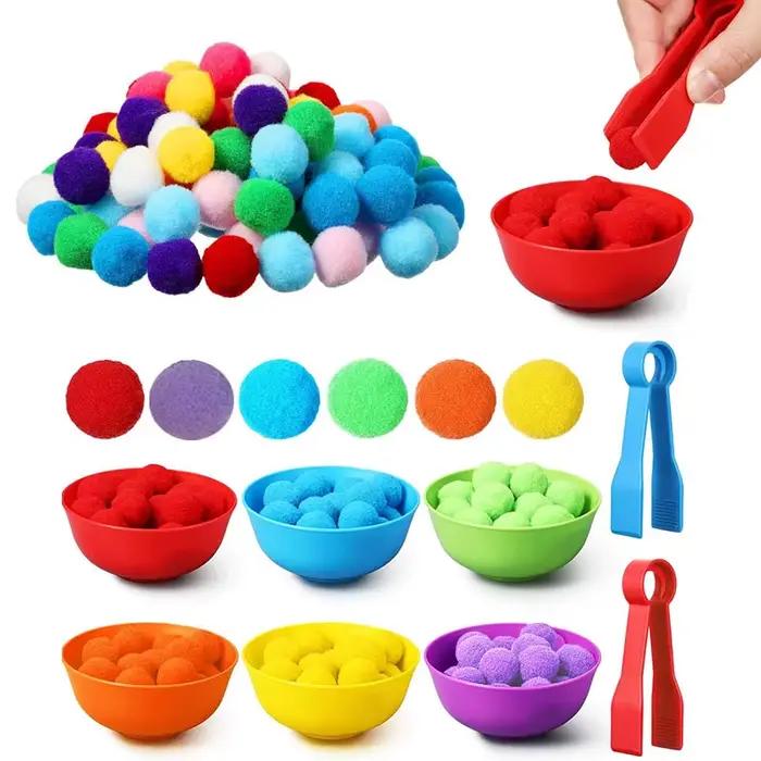 Ensemble de jouets de comptage et de tri pour enfants, pompons, couleurs arc-en-ciel, bols en plasti