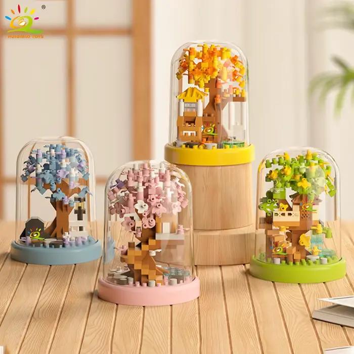HUIQIBAO MOC Mini maison dans les arbres quatre saisons avec boîte d'affichage modèle Micro bloc de construction diamant