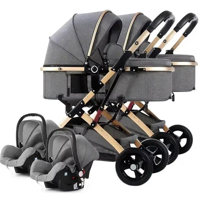 Nouvelle poussette double 3-en-1 2025 avec siège auto, poussette portable pliable à vue haute pour n