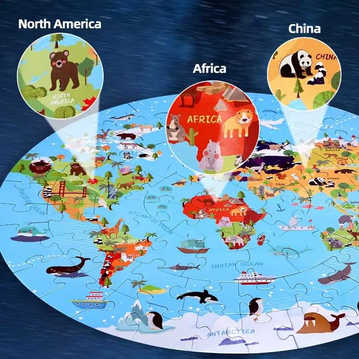 Puzzle de géographie du monde avec animaux pour enfants