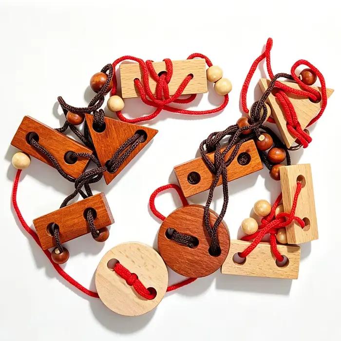 Puzzle de corde en bois pour enfiler les boucles