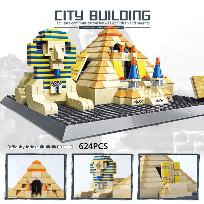 Maquette de construction en briques de l'archeitecture historique égyptienne célèbre dans le monde : Pyramide de Khéphren et Sphinx – Jouets de collection