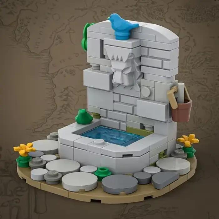 Château médiéval modèle Moc briques de construction grue fontaine murale technologie blocs modulaire