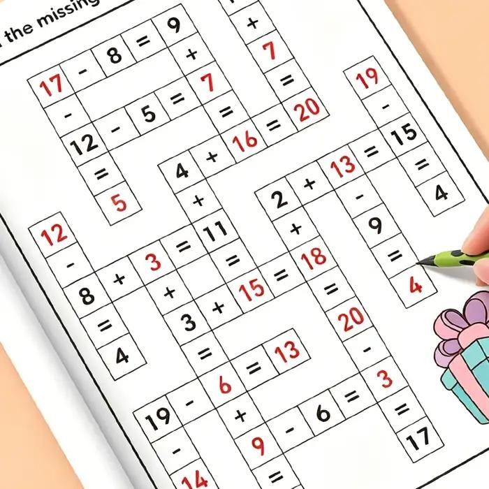 Cahier de travail de mathématiques de 32 pages : livre d'exercices d'addition et de soustraction, exercices d'arithmétique quotidiens avec descriptions numériques et fonctions de coloriage, outil d'ap