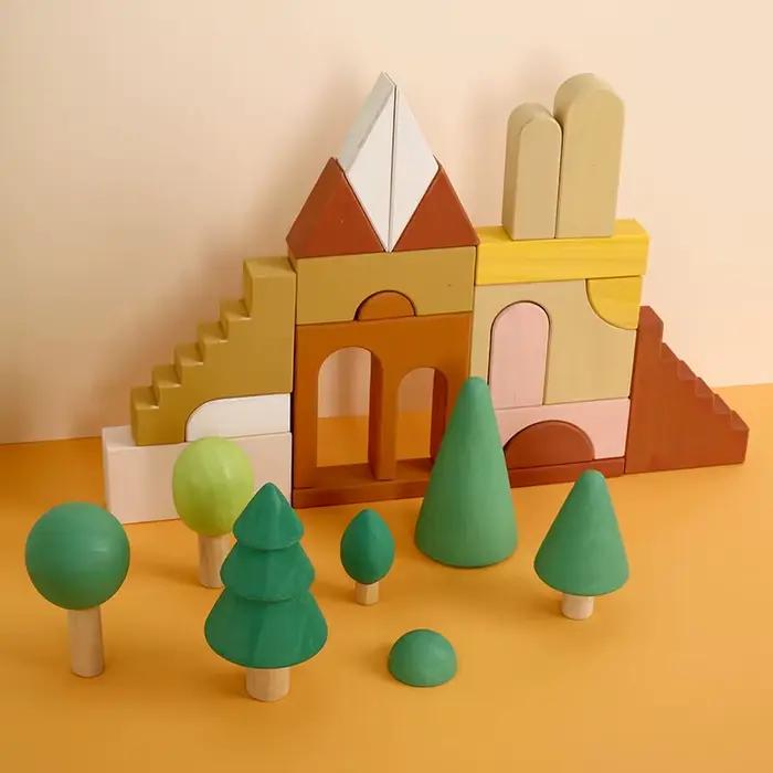 Blocs de construction Montessori en bois massif arc-en-ciel, jouet éducatif, château, marionnette, Puzzle créatif, jouet éducatif pour enfant