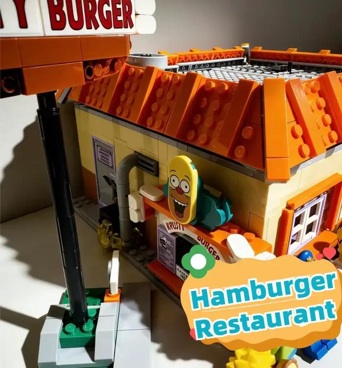 Hot Toys 1635 pièces Street View Virginia Simpsons Krusty Burger Restaurants Modèle de puzzle en blocs de construction Jouet Ornement d'anniversaire Cadeaux