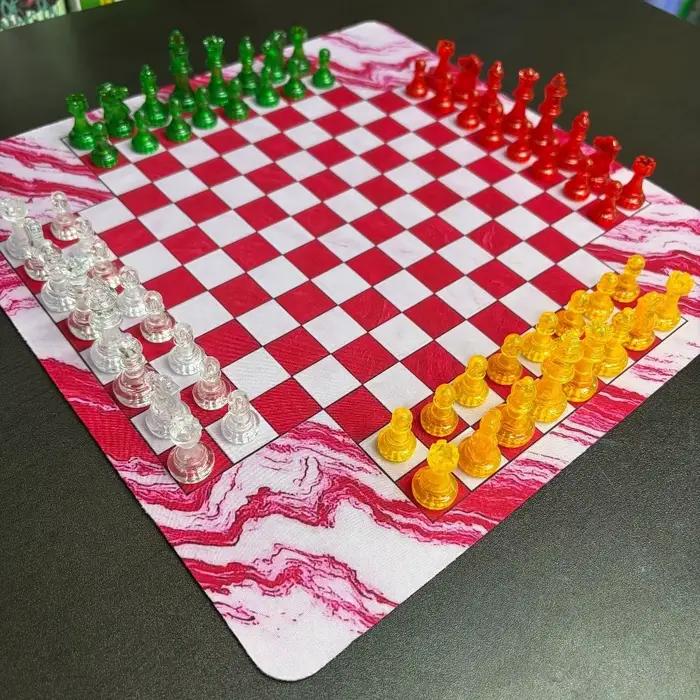 Jeu d'échecs pour 4 joueurs, 35 cm/13,78 pouces, 64 pièces (4 couleurs par 16 pièces), échecs transp