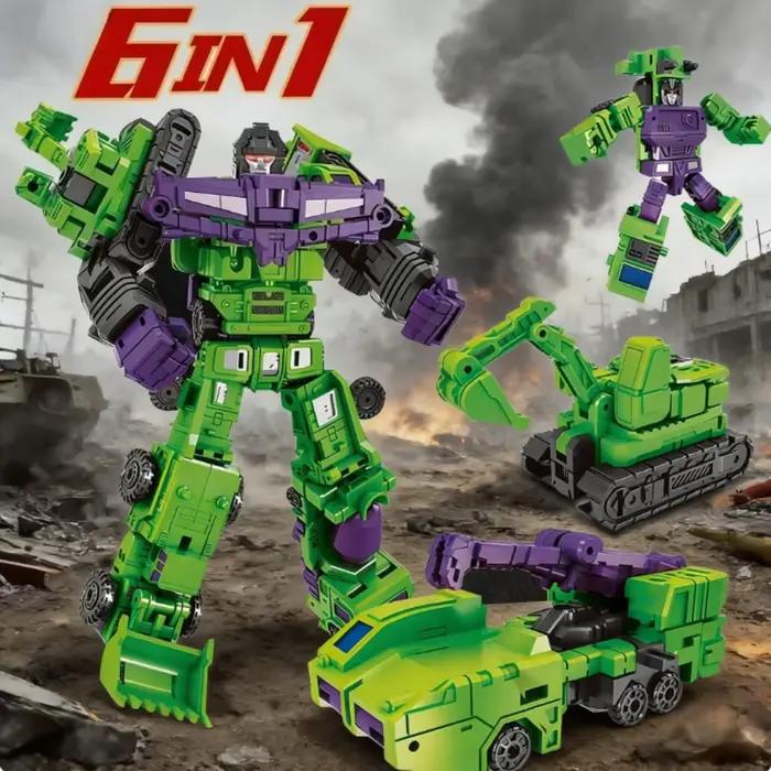 Ensemble de jouets robots transformables 6-en-1 — Véhicule d'ingénierie combinable — Modèle de figurine articulée — Jouet de construction cadeau pour garçons