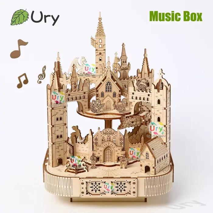 Ury Puzzle 3D en bois, boîte musicale octogonale, train rotatif, modèle de château, kit mécanique, décoration, jouet DIY, cadeau pour adulte