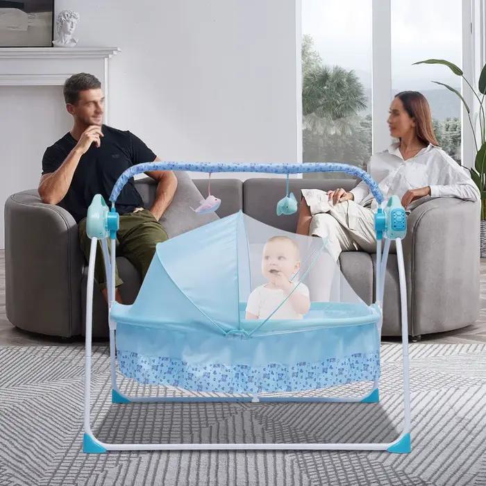 Berceau à bascule pour bébé, berceau électrique avec télécommande, lit pliable à 5 vitesses avec mus