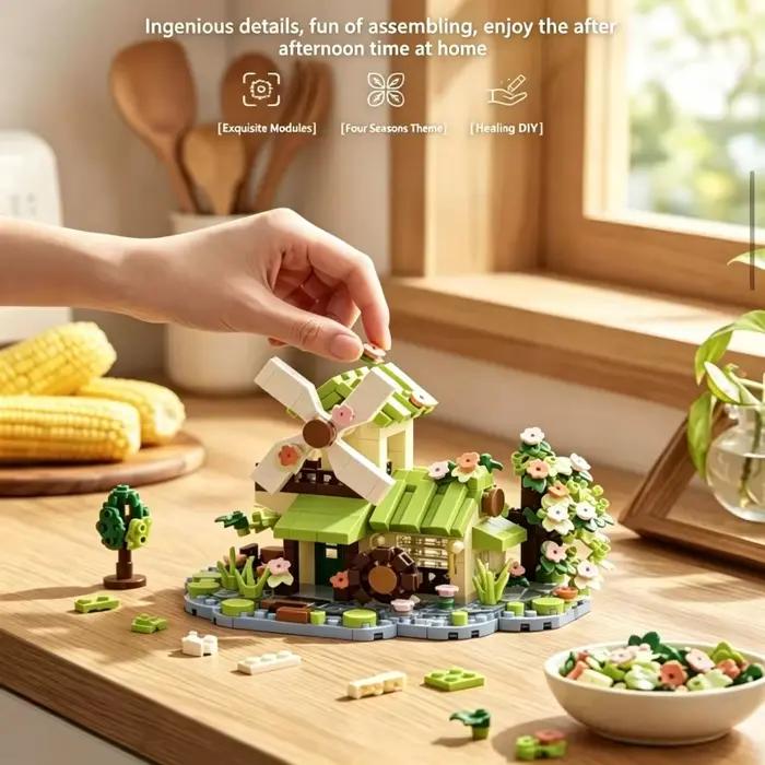Ensemble de blocs de construction Four Seasons Cottage Kit modèle maison miniature rétro avec moulin à vent jouet d'assemblage DIY pour adultes occasions spéciales