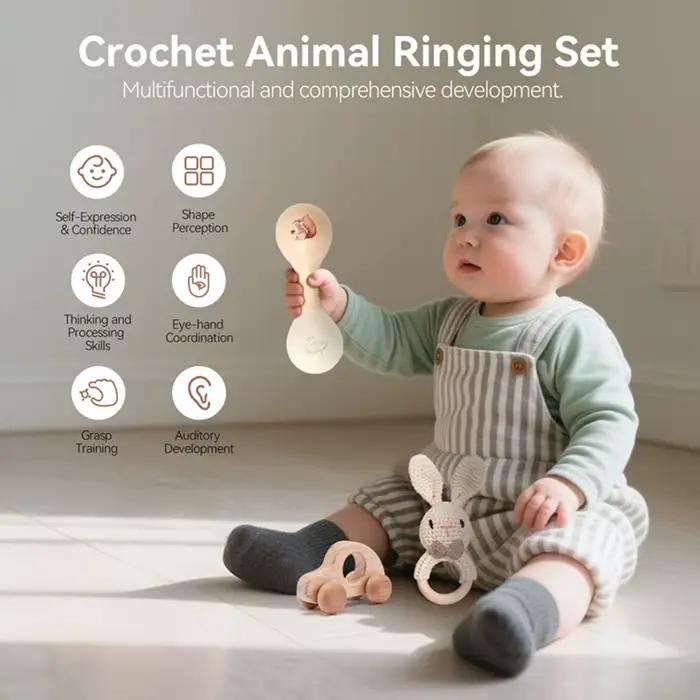 Ensemble de jouets pour bébé, hochet lapin au crochet, Instrument de musique pour nourrissons, jouet à pousser en bois, jouet éducatif Montessori pour nouveau-né, cadeau pour bébé