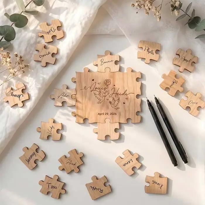 Puzzle livre d'or personnalisable en bois pour mariage et anniversaire, avec messages gravés, décoration unique pour cérémonie et événement spécial