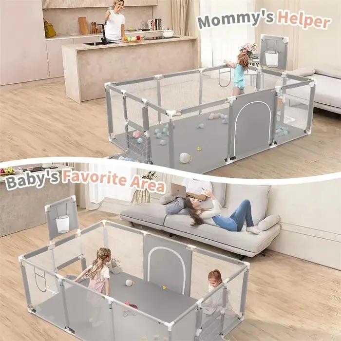 Aire de jeux pour bébé, parc pour bébé de 70 pouces, boîte de clôture grise pour enfants avec Angle