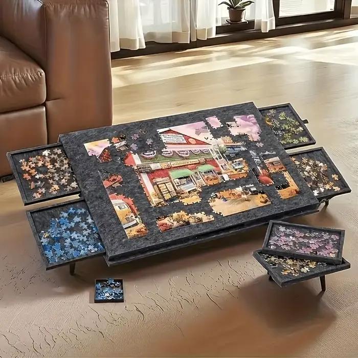 Table de puzzle en feutre polyester vert foncé avec six tiroirs pour rangement de pièces de puzzle occasions spéciales enfants adolescents adultes