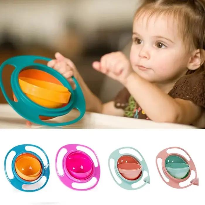 Bol gyroscopique universel anti-débordement 360 degrés pour enfants 3-6 ans avec trois poignées et couverture en plusieurs couleurs pour repas ludiques et sécurisés