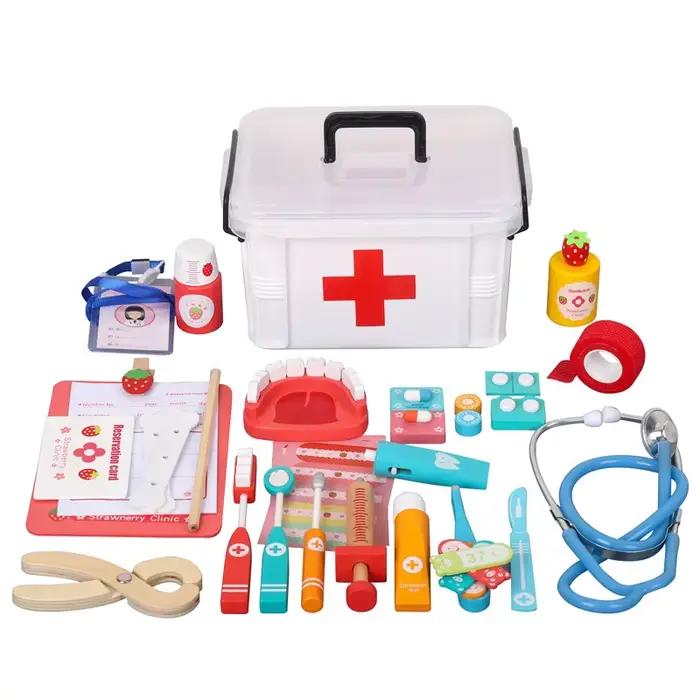 Jeu de simulation de docteur en bois avec stéthoscope et seringue, jouet éducatif interactif pour jeu de rôle